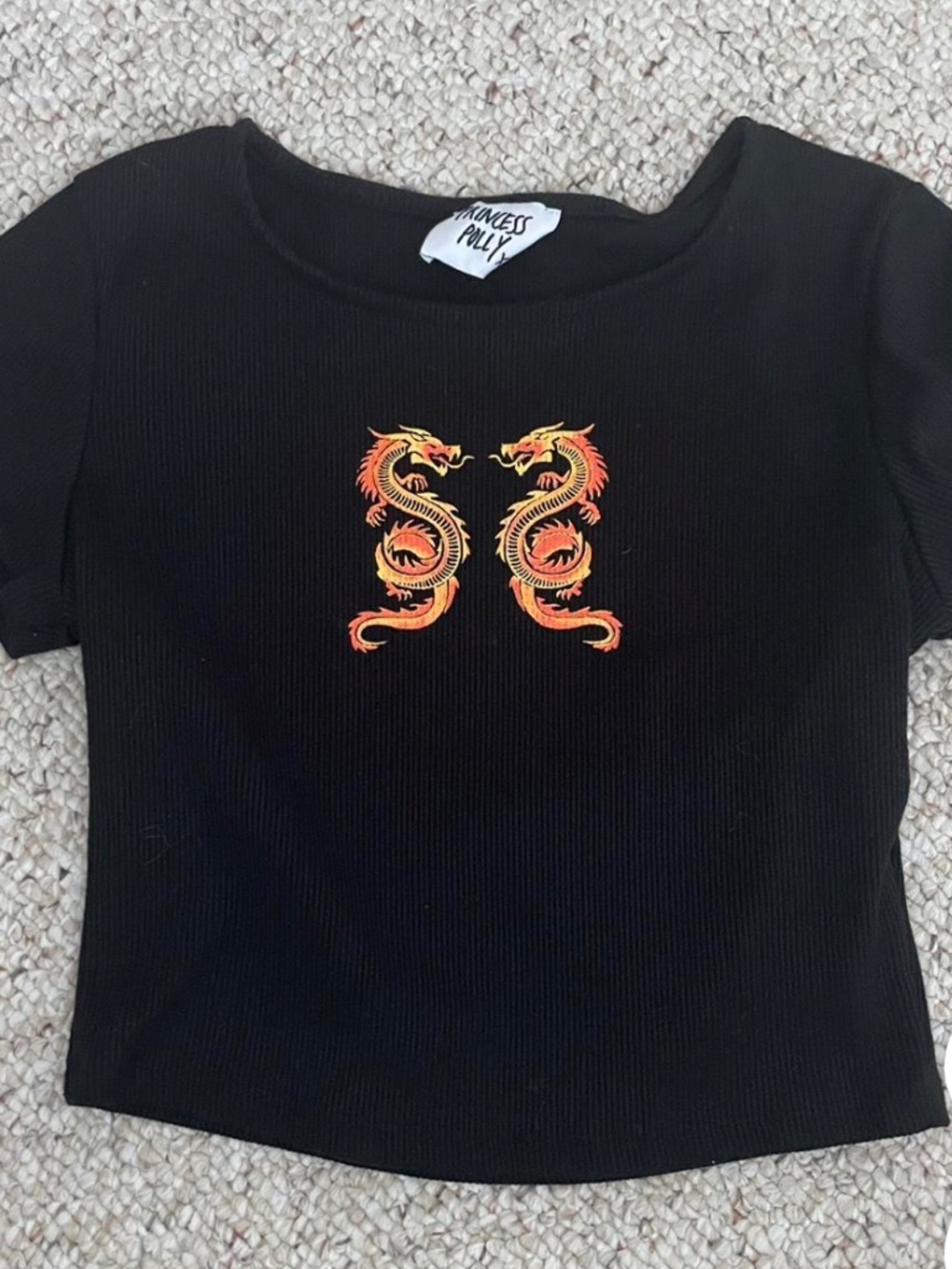 Princess Polly Black Crop Tee with Orange Dragon Design